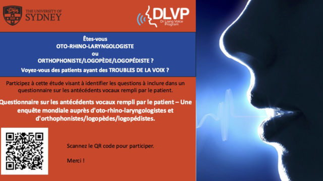 Questionnaire sur les antécédents vocaux rempli par des patients – Une enquête mondiale auprès d’oto-rhino-laryngologistes et d’orthophonistes/logopèdes/logopédistes